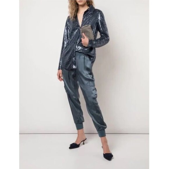Cinq à Sept Isha Sequin Point Collar Shirt / Medium / Onyx Blue Blouse Holiday - Picture 1 of 12